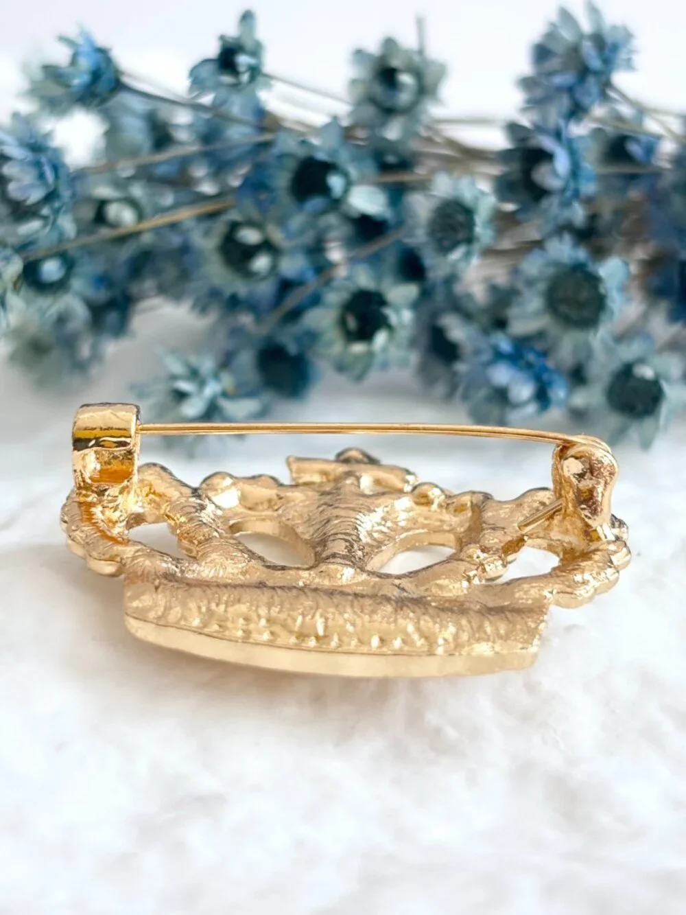 Crown Shaped Gold Toned Rhinestone Accented Vintage Inspired Brooch Pin